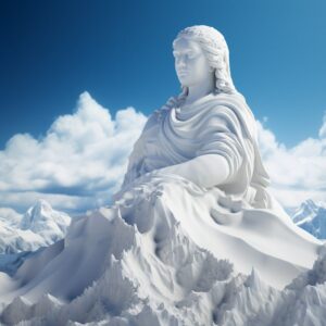 The top of the snow mountain is covered with white snow, Medium closeup, silhoue...
