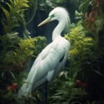 This is a white bird sitting next to plants in a fern, in the style of dreamlike...