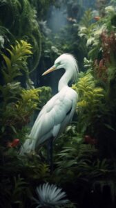 This is a white bird sitting next to plants in a fern, in the style of dreamlike...