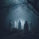 black metal folk band who are also real druids, in white robes with wreaths of w...