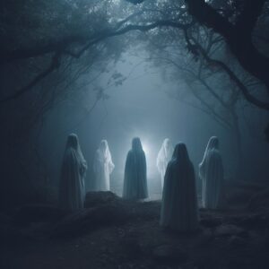 black metal folk band who are also real druids, in white robes with wreaths of w...