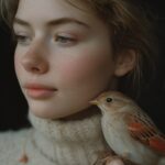 portrait photo of a beautiful Icelandic woman with a bird, surreal portrait, eer...