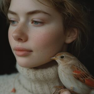 portrait photo of a beautiful Icelandic woman with a bird, surreal portrait, eer...