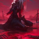 Digital art illustration, woman on her knees in the middle of a red shallow pond...