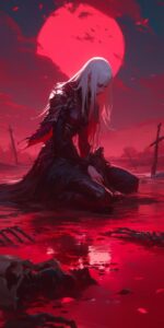 Digital art illustration, woman on her knees in the middle of a red shallow pond...