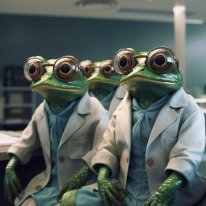 Frog as chief physician during rounds, 2 female doctors as frogs with glasses, h...