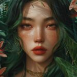 a beautiful chinese girl with ombre black and green hair, brown eye makeup, in t...