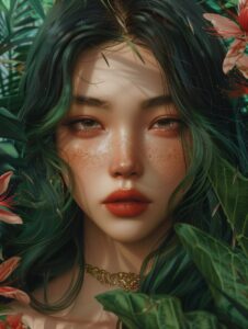 a beautiful chinese girl with ombre black and green hair, brown eye makeup, in t...