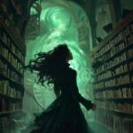 illustration of a teen beautiful bellatrix lestrange in a library looking into t...