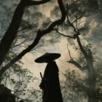 High resolution photograph of a silhouette of a lone figure, likely a samurai, s...