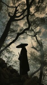 High resolution photograph of a silhouette of a lone figure, likely a samurai, s...