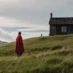 A person in a red robe, standing atop a grassy hill with an old wooden house vis...
