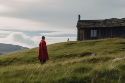 A person in a red robe, standing atop a grassy hill with an old wooden house vis...