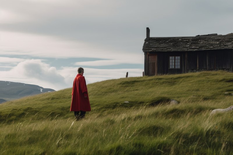 IUY2VUZZpx17FGYrZbO2wUnqEiJrRwqToAbfBMGm1mUq8iQrpyOCL0LriMkysCDi-UaElyM2OqvGjprzbceJoPu4Q-vRXre0iEN5.jpeg A person in a red robe, standing atop a grassy hill with an old wooden house vis...