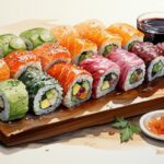 Watercolor SUSHI clipart, hd, on white background, spaced out --ar 3:2 --s 1000b...