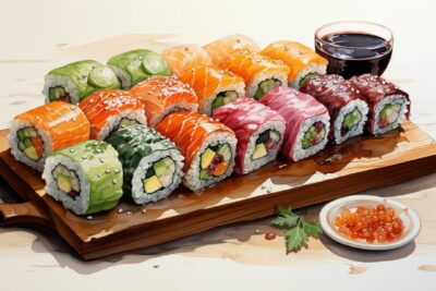 Watercolor SUSHI clipart, hd, on white background, spaced out --ar 3:2 --s 1000b...