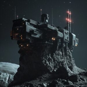a lonely sci-fi space listening outpost with two laser turrets and several senso...