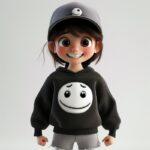 A girl with hair to her shoulders, bangs, big and beautiful eyes, smiling, weari...