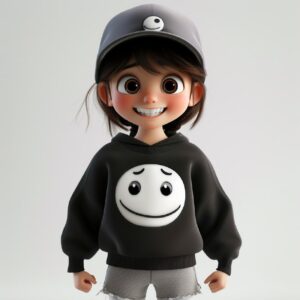 A girl with hair to her shoulders, bangs, big and beautiful eyes, smiling, weari...