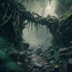 Tropical jungle, intricate branches, vine, ivy, moss covered stones in the foreg...