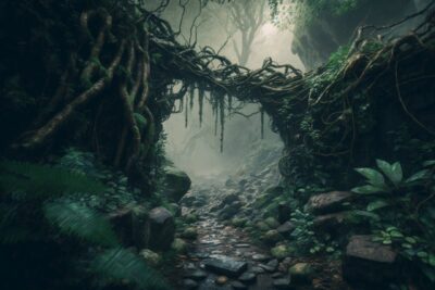 Tropical jungle, intricate branches, vine, ivy, moss covered stones in the foreg...