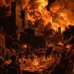 Epic scene, movie poster It shows a chaotic scene with people gathered around a ...