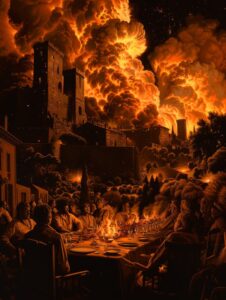 Epic scene, movie poster It shows a chaotic scene with people gathered around a ...