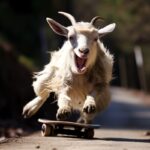 A laughing goat on a skateboard. doing a ollie on a skateboard. hellflip. ollie ...