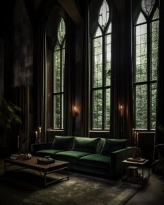 Professionnal photography of a living room in an ancient church surrounded by a ...