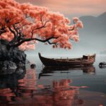 A tree on the water, in the style of dark orange and light crimson, traditional ...