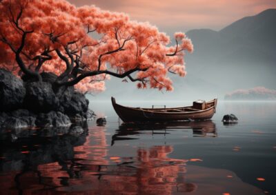 A tree on the water, in the style of dark orange and light crimson, traditional ...