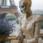 robot woman, on balcony at table with cup of coffee, lavender bouquet in vase, g...