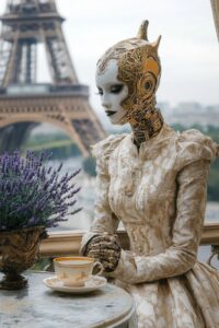 robot woman, on balcony at table with cup of coffee, lavender bouquet in vase, g...