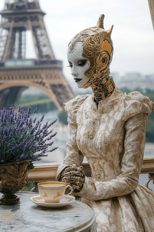 robot woman, on balcony at table with cup of coffee, lavender bouquet in vase, g...