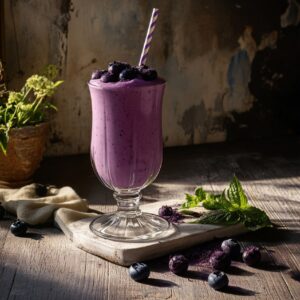 Blueberry milkshakes in a round serving glass table background , side ANGLE full...