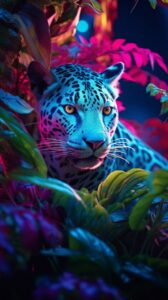 Avatar jungle, fluorescent lighting plants, neon leopard, hyperrealistic style, ...