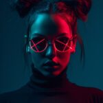 dark photo of cool beautiful woman top half body with neon X-shaped eyes and spa...