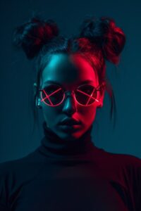 dark photo of cool beautiful woman top half body with neon X-shaped eyes and spa...