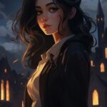 a young dark haired woman staying in front of hogwarts, from afar, cartoon like ...