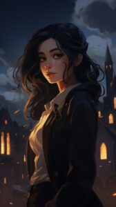 a young dark haired woman staying in front of hogwarts, from afar, cartoon like ...