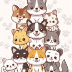 A cute cartoon design of many cats and dogs sitting on top of each other, with p...