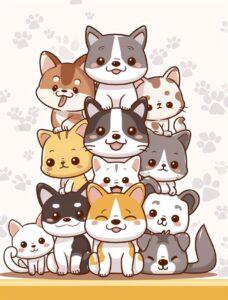 A cute cartoon design of many cats and dogs sitting on top of each other, with p...