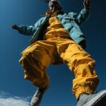 A man jumping high in the air with his foot dangle, with black gloves in his han...