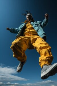 A man jumping high in the air with his foot dangle, with black gloves in his han...