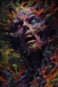 A person is covered in a dark paint, in the style of hyper - detailed illustrati...