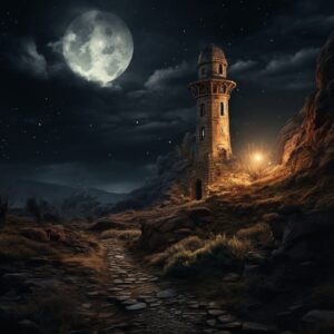 A lonely tower in the southwest corner of the ancient city, Dark moody lighting,...