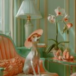 Hermes style interior with WHIPPET wearing Hermes fashion in pastel colors --ar ...