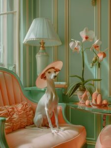 Hermes style interior with WHIPPET wearing Hermes fashion in pastel colors --ar ...