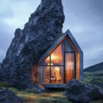 contemporary stone shaped cabin in Iceland, with basalt textures and form, blend...