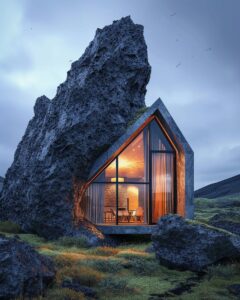 contemporary stone shaped cabin in Iceland, with basalt textures and form, blend...